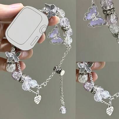 1pc New Watch Band, Glass Bead Butterfly Strap, Suitable For Apple Watch Decoration