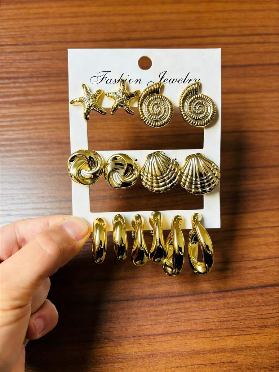 7对时尚金色海星贝壳不对称耳环，适合海滩、旅行和日常佩戴