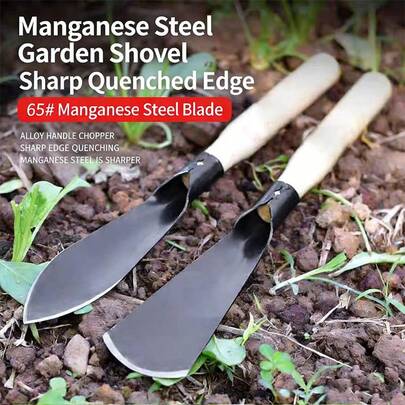 1 st. 65# manganstålslev; vasst, härdat blad, lämplig för plantering; halkfritt trähandtag; slitstarkt och rostfritt; viktigt verktyg för gräsmattereparation; lämplig för krukväxter, trädgårdsarbete och omplantering; strandgrävning utomhus, guldvaskning, camping och plockning av vilda grönsaker; lämplig för inomhus- och utomhusbruk.