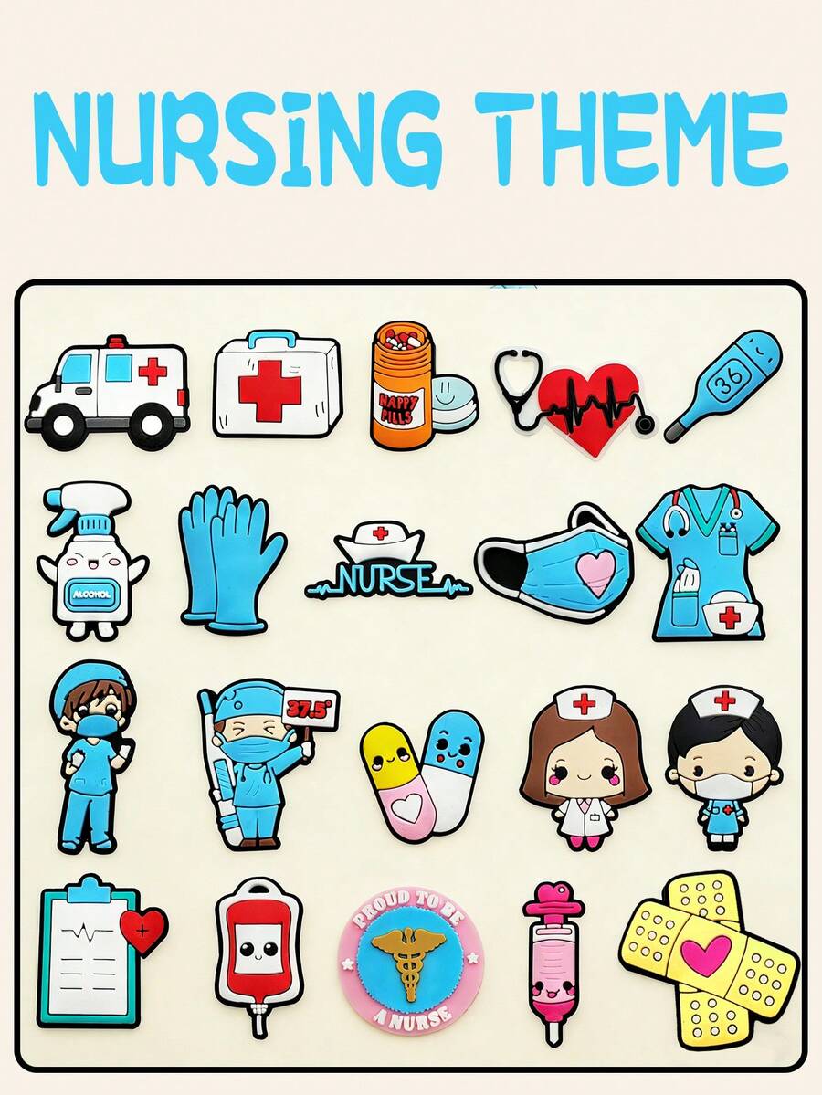 19件套，柔软PVC材质，卡通医疗系列鞋履及配件，护士制服及口罩鞋履及配件，医疗包，输液袋，救护车凉鞋及配件，适用于凉鞋、花园鞋、DIY配件、派对礼品 - 卡通醫療 - 查看 1