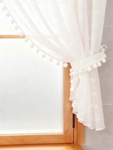 1pc White 3D Faux Fur Ball & White Faux Fur Tassel Minimalist Style Curtain, Made Of Polyester Fiber, Textured Design, Suitable For Living Room, Office, Home Decor, All Seasons (Tie Bands Not Included) - Multicolor - View 6