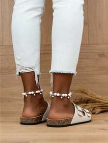 Women's Spring/Autumn Slip-On Cork Textured Thick Sole Flat Sandals, Non-Slip Buckle Closure, Solid Color With Stitching, Casual Flat Slippers - Beige - View 2