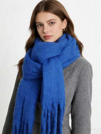 1 st. förtjockad fleecehalsduk för kvinnor, enfärgad macaronfärg med tofsar, varm och moderiktig, lämplig för höst/vinter, mjuk och bekväm, kan användas som halsduk eller filt, vardagsbruk