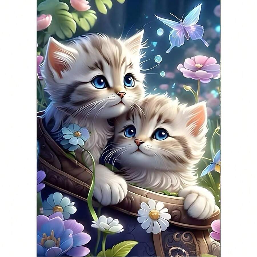 GDYEEH DIY 5D Kitten Diamond Art Painting Kits, Flowers Full Round Drill Sparkling Diamond Painting Picture, Cute Cats Diamond Painting Art Craft Kits For Adults Beginners, Home Wall Decor 12x16inch - USGD089 - 查看 1