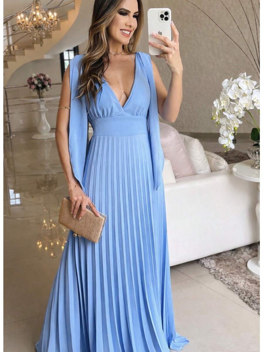 Elegant Casual Tie Back Pleated Formal And Evening - 淺藍色 - 查看 1