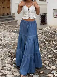 EARO Women's Long Layered Skirt, Drawstring Waist, Casual Fabric, Non-Stretch, Suitable For Daily Wear Spring - Blue - View 4