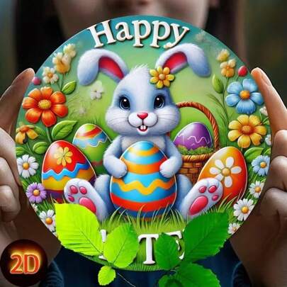 1pc Easter Bunny & Egg Metal Sign, 19.81x19.81 Cm Round Iron Wall Decor, High Definition 2D Flat Printing, Easter Bunny & Egg Sign, Suitable For Bedroom, Office, Living Room, Cafe, Home And Dorm Decor, Random Hole Position