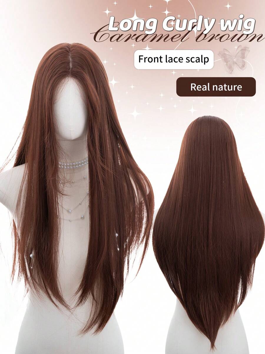 4*1 前额蕾丝假发，前额蕾丝长直假发，中分假发，红木半编日常自然款，光滑逼真假发（不含配件） - 紅木色 - 查看 1