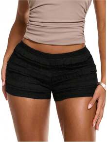 Women's Ruffle Shorts Crochet Tiered Layered Summer Beach Micro ShortsA Valentine's Day AC56 - Black Solid - View 1