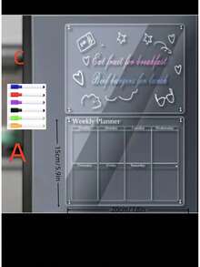 一套磁性亚克力冰箱贴计划表，可重复使用干擦日历，每周膳食计划表，亚克力磁性白板，透明留言板，备忘录提醒展示板，可重复使用书写板（含6支白板笔）