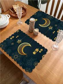 热销 1/4/6 件套开斋节斋月波浪边餐垫套装 | 12*18 英寸黑金月亮图案，适用于餐桌、餐厅、生日派对和用餐装饰，亚麻材质，可手洗和机洗 - 彩色 - 查看 2