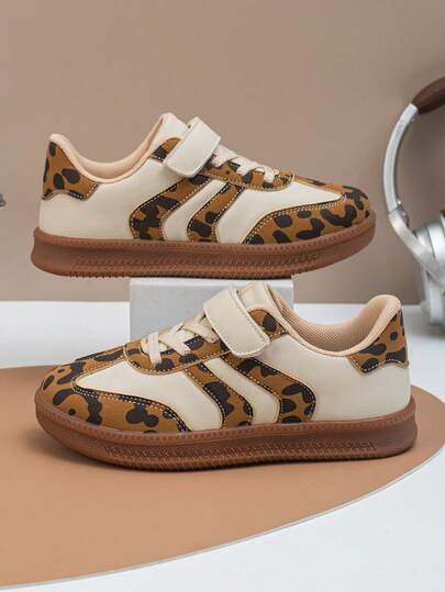 2026 New Arrival Kids Boys' Sports Shoes, Hook And Loop Closure Comfortable Flat Shoes, Leopard Print Casual Sneakers