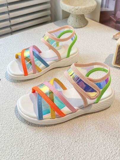 Two Girls' Transparent Rainbow Color-Matched Upper Design Flat Sports-Style Cute Sandals, Suitable For Summer.