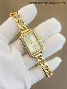 1pc Women's Gold-Color Metal Strap Fashion Square Pink Dial Quartz Watch, Suitable For Everyday Wear, Requires Tool To Adjust Size And Disassemble - Gold - View 2
