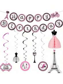 EstiloTendenciaOutus Set De Decoraciones Para Fiesta De CumpleañOs De ParíS, Banner De Happy Birthday Centro De Mesa De Panal Recorte De La Torre Eiffel DecoracióN De Remolino Colgante Para Baby Shower CumpleañOsCalidad PremiumVersióN Mejorada - 1 - Ver 1