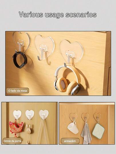 50pcs Strong Adhesive Clear Wall Hooks - Casual Style, Easy To Install, No Drilling Required, Plastic Heart Shaped Utility Hooks For Kitchen And Bathroom, Wall Mounted Storage Organizer Bathroom Organizer Bathroom Decor Fall Decor Back To School
