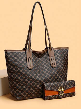 1 set Grand sac fourre-tout et portefeuille, sac à bandoulière pour femmes d'âge moyen, automne/hiver