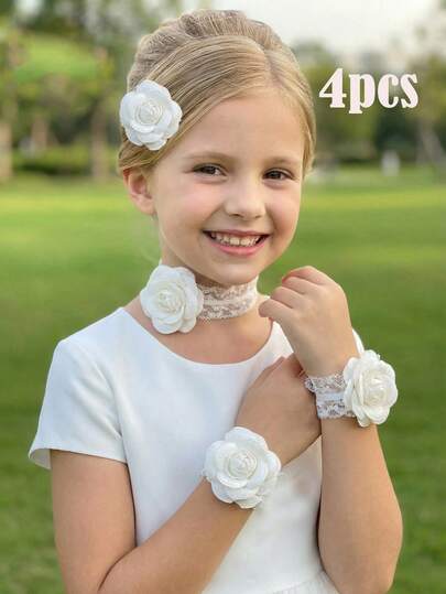 4件套：花朵发夹+荷叶边花朵领口+花朵袖套，婚纱摄影道具，婚礼装饰配件，派对拍照道具，婚礼用品，花环，腕花，亲子装
