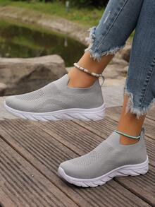 新款透气轻便网面针织系带休闲鞋，可水洗女士运动鞋，跑步鞋，步行鞋，公路跑鞋 - 淺灰色 - 查看 4