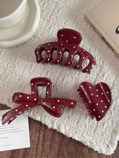 3 piezas/1 pieza Clips de pinza grandes de 12 cm/4.72 pulgadas de unicolor con lunares rojos, clips para el cabello con forma de lazo y corazón, accesorios para el cabello elegantes, de moda y minimalistas, adecuados para salidas diarias, casual, fiestas, ir al trabajo, lavarse la cara, maquillaje y combinar con atuendos para mujeres