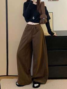 复古美式休闲羊毛直筒宽松阔腿裤，秋冬季百搭单品 - 咖色 - 查看 2