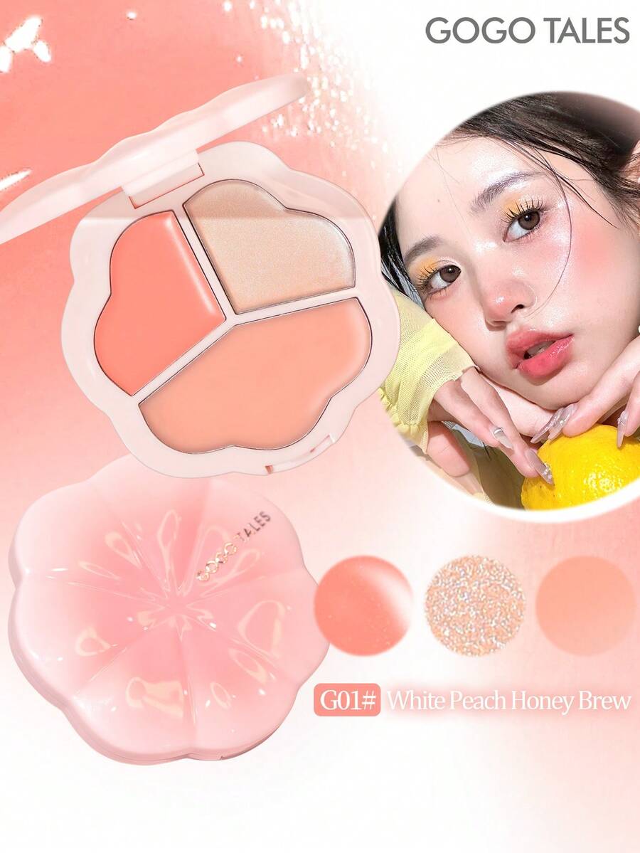 GOGO TALES Rubor en crema de 3 colores, con efecto luminoso e hidratante. Logra una piel brillante y tersa, con un rubor brillante y un sutil brillo perlado. Perfecto para estudiantes y principiantes en maquillaje, GOGOTALES - G01# Brew de miel y melocotón blanco - Ver 1