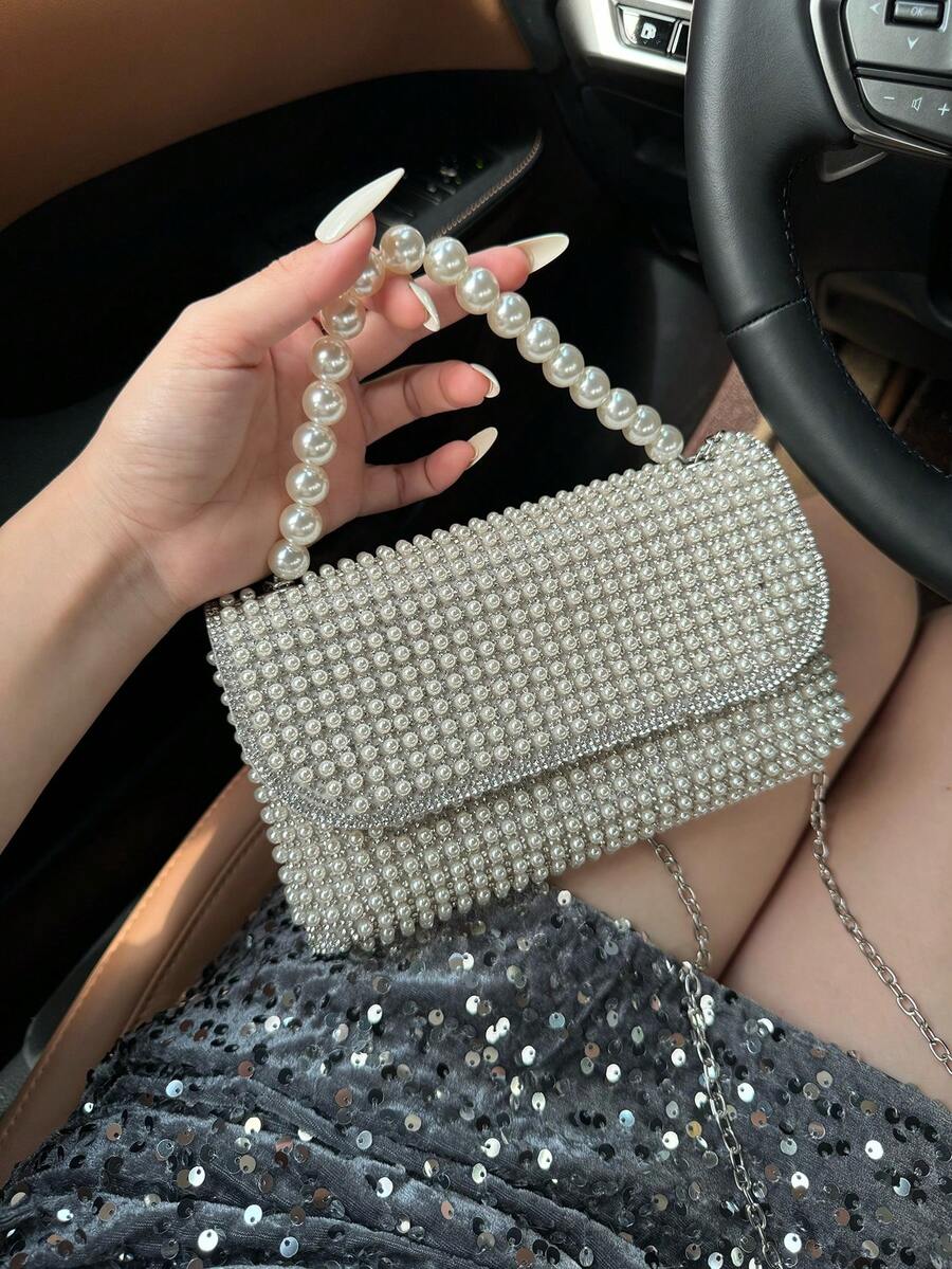 Women's Evening Bag, Pearl Clutch, Flap Cover Bag, Pearl Chain, Sparkling Rhinestone Decor, Shoulder Crossbody Bag, Matching Wedding Gowns, Formal Dresses, Cheongsam, Suitable For Weddings, Banquets, Gatherings, Birthdays, Parties, Balls, Holidays, And An Ideal Gift For Women