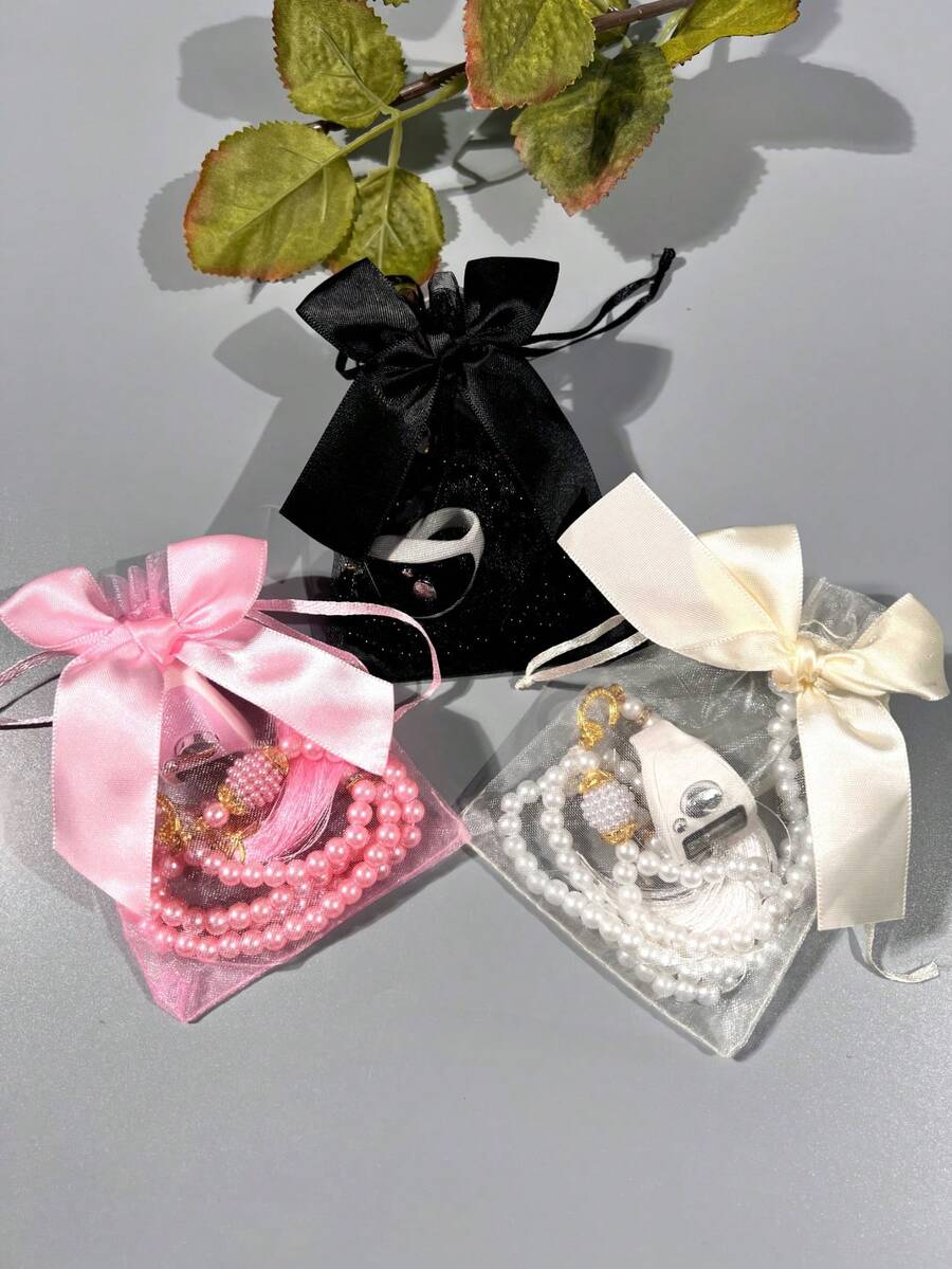 2pcs/Set Muslim Prayer Beads & Tasbih LED Ring Counter Set, Elegant Bow Gift Bag Packaging, Includes Handheld Ring Counter, Suitable For Prayer Counting, Activity Tracking, Holiday Gifting - Multicolor - View 1