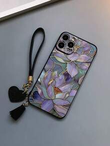 1pc Thick Anti-Drop Floral Painted Phone Case With Decorative Leather Heart Wrist Strap, DIY Pendant Charm, Compatible With IPhone 17pro/17Air /17/17promax16/11/16pro/16plus/16promax/16e, Galaxy S26/S26PLUS/S26 Ultra S25/S25PLUS/S25, Redmi - Multicolor - View 3