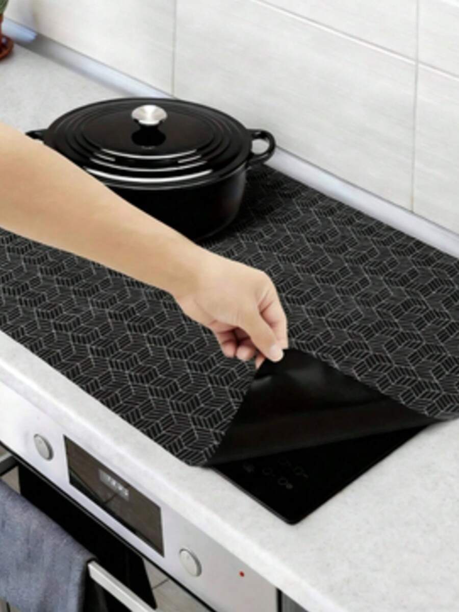 One-Piece Silicone Kitchen Stovetop Protector Mat. Heat-Resistant, Non-Slip, Scratch-Resistant, Geometric Pattern, Black. Perfectly Protects The Stovetop And Countertop. Can Also Be Used As A Dish Drain Mat. - Multicolor - View 1