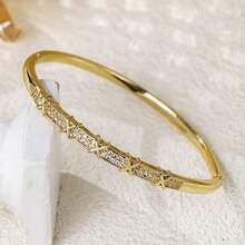 1 pièce Bracelet jonc en cuivre vintage de luxe avec zirconium, ouverture réglable, accessoire polyvalent de style bohème, à porter au quotidien, cadeau d'anniversaire - Multicolore - Voir 9