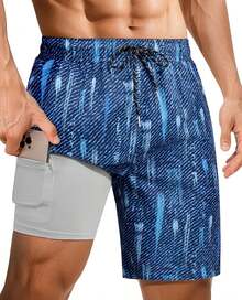 9inch Mens Swim Trunks: 2 In 1 With Compression Liner Stretch Quick Dry Drawstring Shark Pockets Beach Pool VacationA Valentine's Day HVGG - Washed Twill - View 7