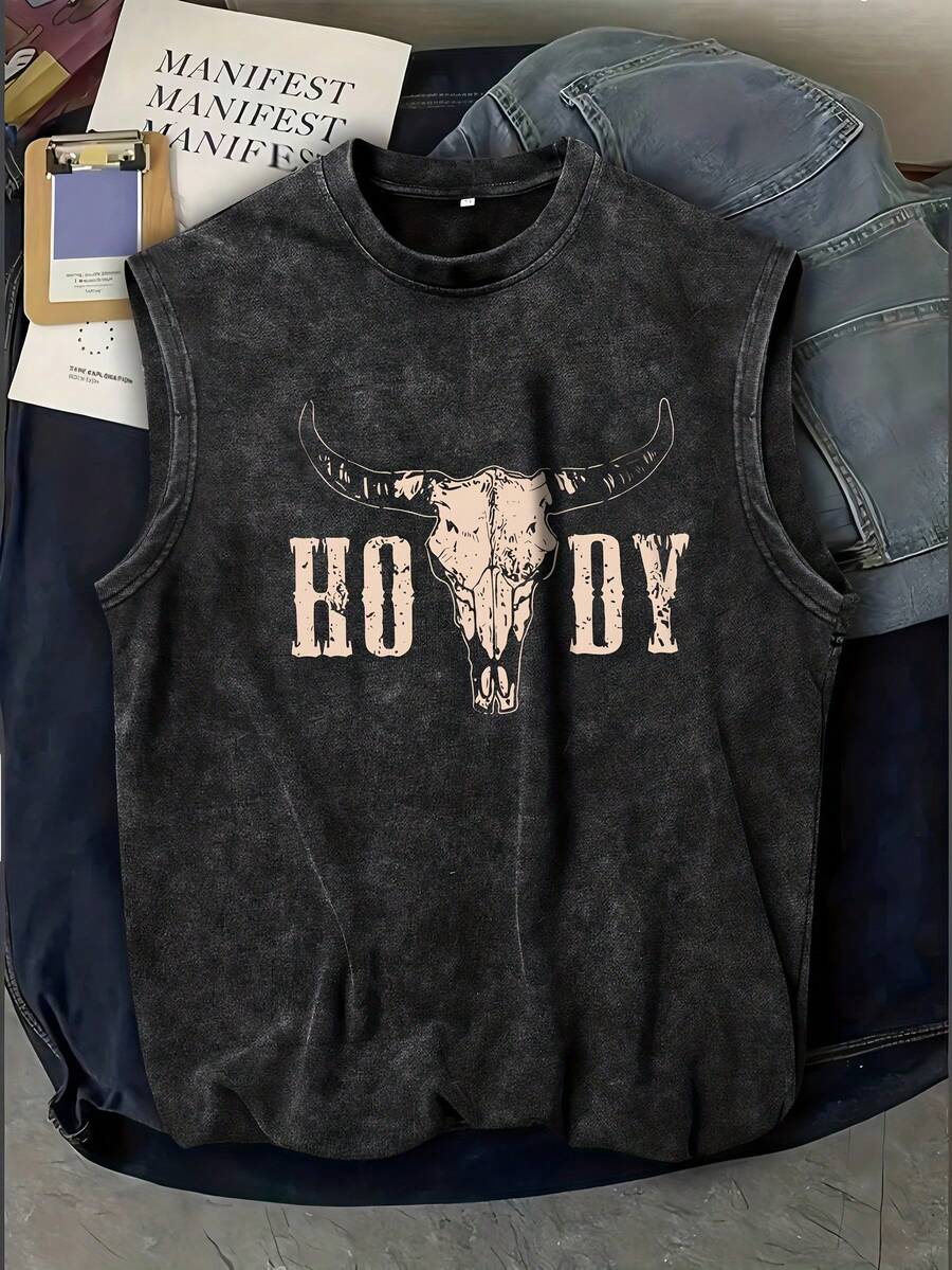 (220g Sleeveless Pure Cotton Washed Vest)Hello, Long Horn Bull Bone Pattern Printed Spring And Summer Heavy-Duty Pure Cotton Washed Vest, Suitable For Daily Street Style Wear - màu đen - Xem 1