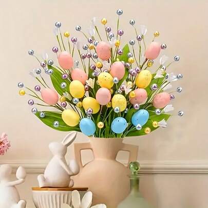 3pcs Artificial Easter Bunny Floral Bouquet, Spring Plastic Eggs Branches With Colorful Berries, Easter Home Decor, Living Room Tabletop Floral Centerpiece, Container Not Included