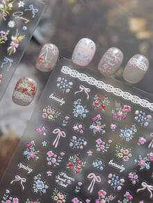 1 Sheet Spring Colorful Flowers Bow Nail Charms Stickers 5D Embossed Design Nail Art Stickers DIY Manicure Elegant Decoration Decal For Women Valentine's Day Gift Nails Nail Supplies - Multicolor - View 8