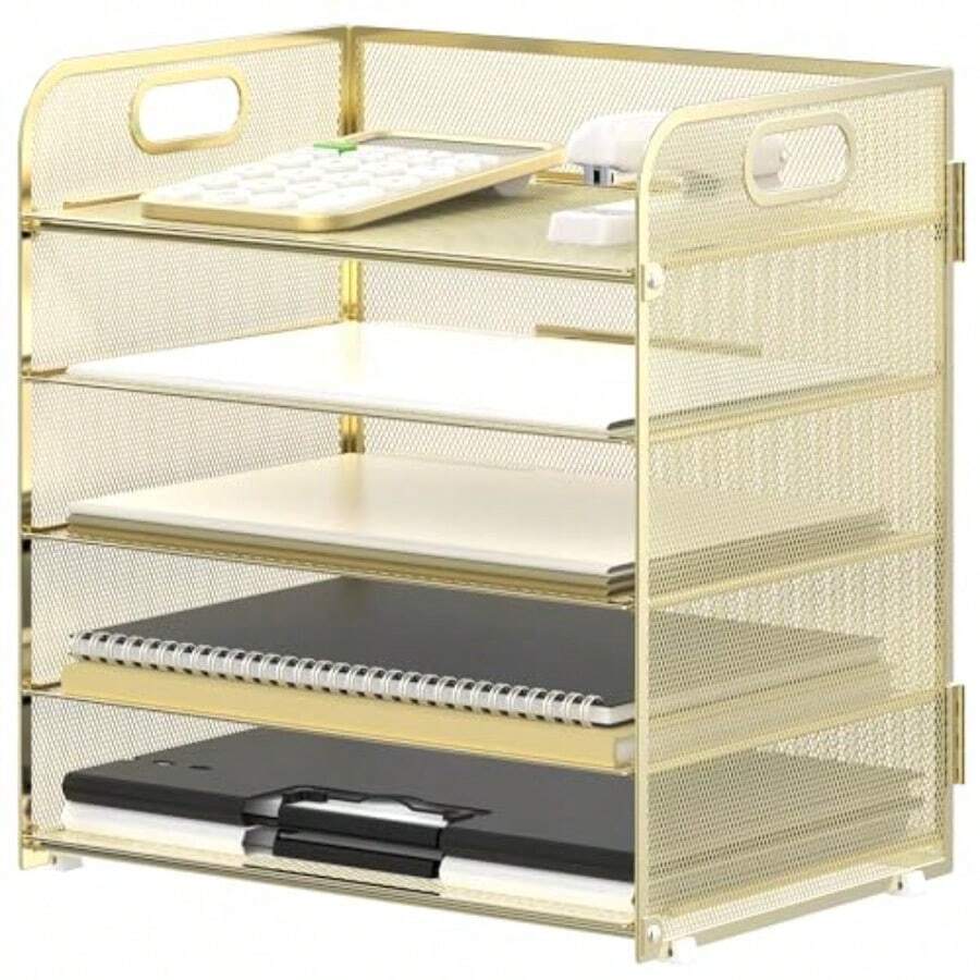 SUPEASY Organizador de 5 Bandejas de Papel Bandeja de Cartas con Asa - Organizador de Archivos de Escritorio de Malla Organizador de Escritorio Clasificador de Papel para Oficina Hogar o Escuela - Dorado - Ver 1