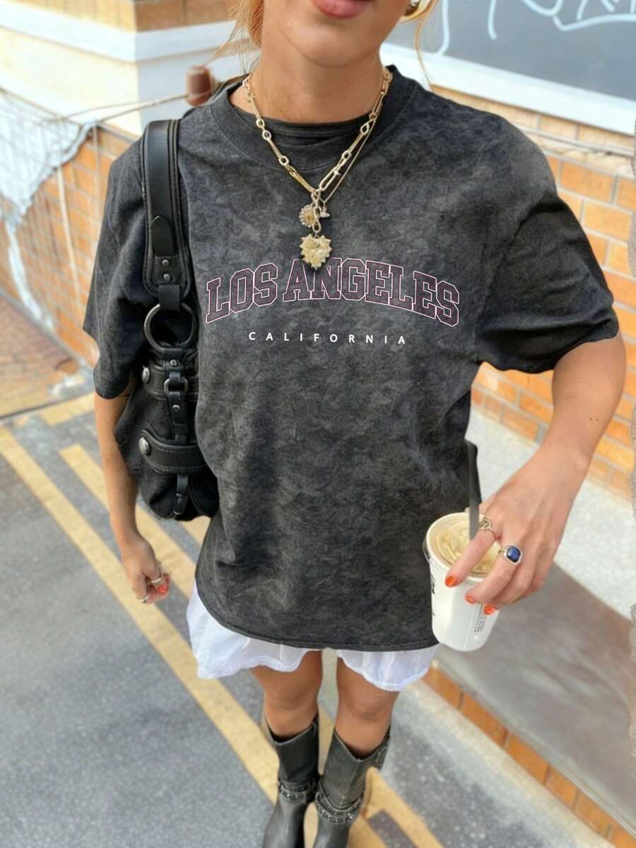 Buzzelle 女士夏季新款简约字母印花牛仔面料休闲宽松百搭圆领短袖T恤，日常上衣，适合度假穿着 - 水洗灰 - 查看 1