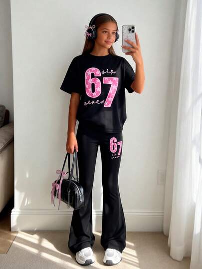 8-12岁女孩甜美风套装，黑色数字印花圆领T恤上衣搭配同色修身喇叭裤，休闲两件套，夏季