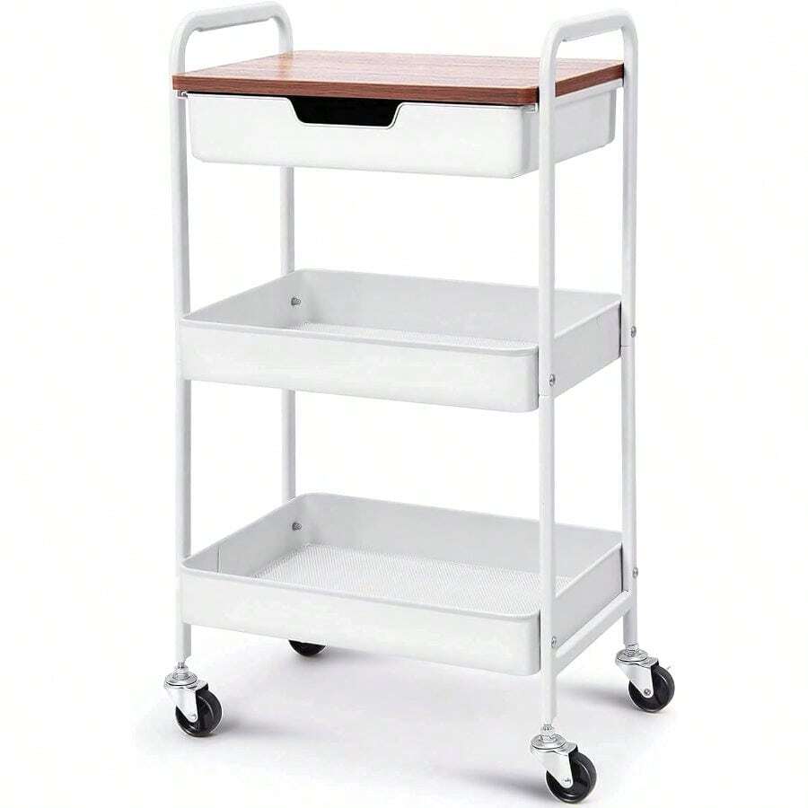 3-Tier Metal Rolling Utility Cart With Drawer And Wooden Table Top, White Storage Trolley With Locking Wheels For Kitchen, Office, Classroom, Dorm, And Bedroom - White - View 1