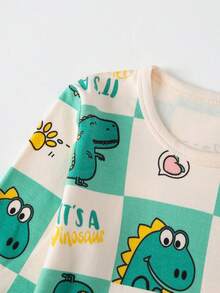 2pcs/Set Young BoyCartoon Dinosaur & Geometric Print Homewear Set, Boys' Pajamas, Children Cotton Crew Neck Comfortable Underwear, Autumn - Green - View 4