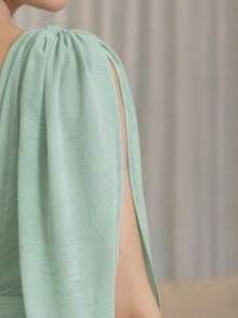 Elegant Long Party Dress For Women, A-Line Style, With A V-Neck, Pleated Details And Puff Sleeves. - 薄荷綠 - 查看 3