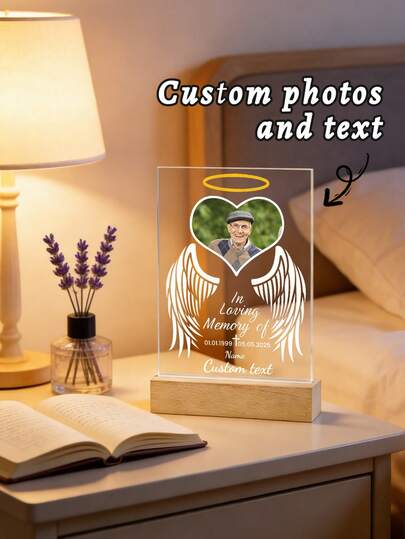 1pc Personalized Customized Commemorative Photo Acrylic Plaque, Customized Photo Text Commemorative Ornament, Angel Wing Love Shaped Acrylic Plaque, Mourning Commemorative Gift, Emotional Commemoration, Customized Commemorative Ornament, Customized Gift, Given To Family, Parents And Relatives, Commemorating The Deceased, Bedroom Headboard Decoration, Living Room Desk Decoration, Personalized Gift