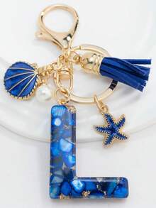 1PC Boho Nautical 26-Letter Resin Keychain - Blue & Golden Initial Pendant With Starfish/Shell/Tassel Charms, Fashionable Key Ring & Couple Bag/Backpack/Beach Bag Charm, Ideal Holiday Gift For Valentine's Day/Birthdays/Parties - Royal Blue - View 9