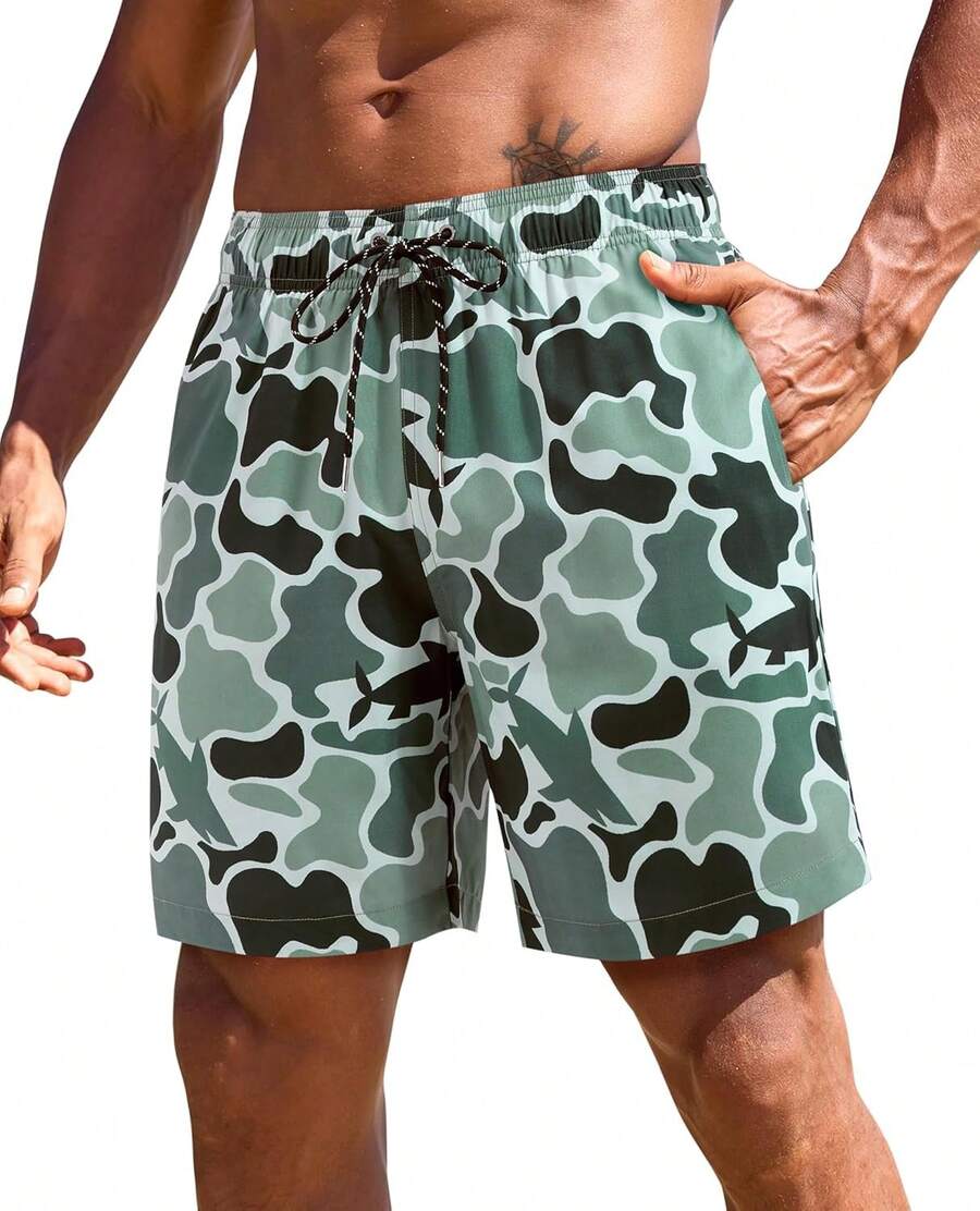 7inch Mens Swim Trunks: 2 In 1 With Compression Liner Stretch Quick Dry Drawstring Shark Pockets Beach Pool VacationA Valentine's Day 976M - Army Green Camouflage Shark - View 1
