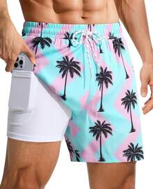 4inch Mens Swim Trunks: With Compression Liner Zipper Pocket Drawstring Quick Dry Stretch Lined Tree Beach PoolA Valentine's Day HZTD - 粉紅色棕櫚樹-3 - View 1