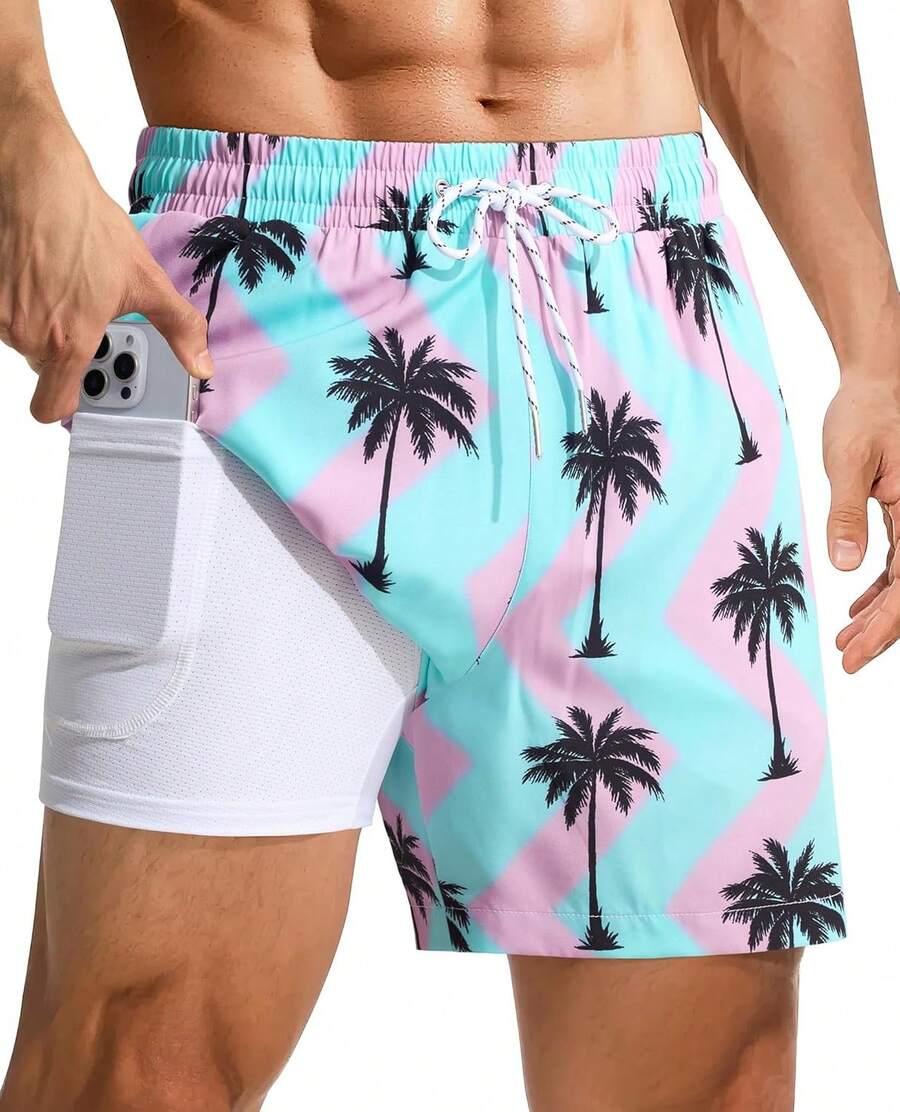 4inch Mens Swim Trunks: With Compression Liner Zipper Pocket Drawstring Quick Dry Stretch Lined Tree Beach PoolA Valentine's Day HZTD - 粉紅色棕櫚樹-3 - View 1