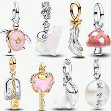 1个钥匙，粉色心形吊坠，镀银，适合手链/项链 DIY 礼物 - 彩色 - 查看 1