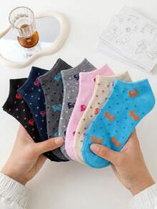 7 pares de calcetines cortos para mujer, con diseño de lazo, transpirables y absorbentes, de estilo versátil para el colegio - Multicolor - Ver 1