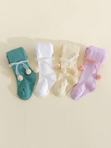 4双装女婴/幼儿可爱蝴蝶结装饰糖果色踩脚裤袜，适合日常穿着，四季皆宜 - 彩色 - 查看 7