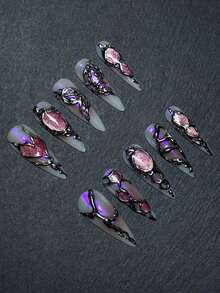 Ten Pink Cat-Eye Handmade Nail Art Pieces, Retro Butterfly Style, Handmade False Nails, Luxurious And High-End Style, European And American Hot Girl Style, Long Almond Press-On False Nails, Spring False Nails, Reusable False Nails, Ladies' Gift, Suitable For Girls Or Ladies To Wear To Parties Or Everyday Wear. - Multicolor - View 2